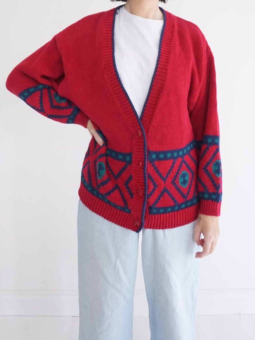 Vintage Gina Peters Red Geometric Knit Button Front Grandpa Cotton Cardigan M